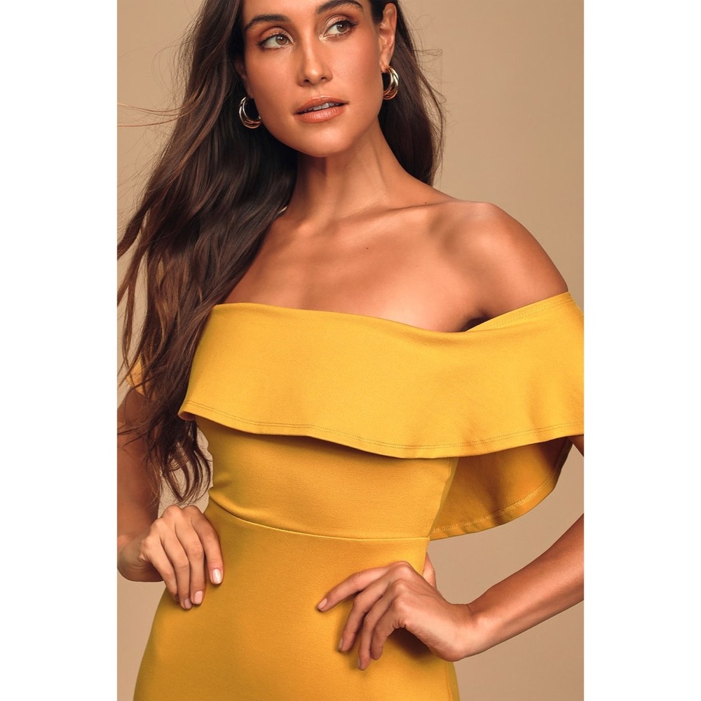 Lulus Mustard Yellow Off Shoulder Bodycon Dress - Picture 4 of 5